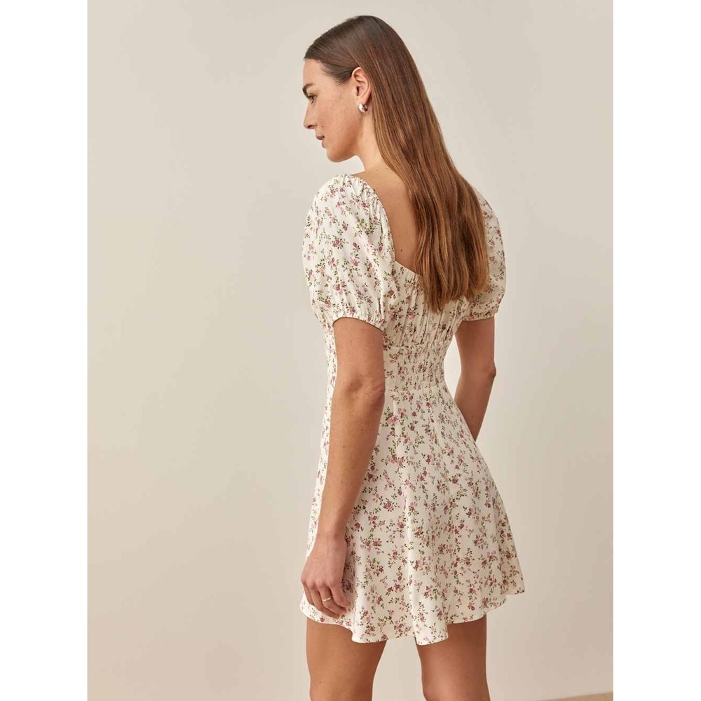 Reformation Corbin Milkmaid Puff Sleeve Floral Dress Cream & Pink Sz 6 Coquette - Picture 4 of 15